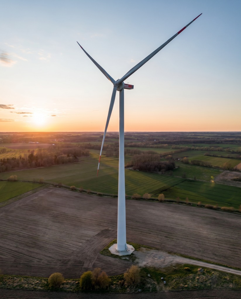 Projekt Harsewinkel – ENERCON E-175 Windkraftanlage bei Sonnenuntergang